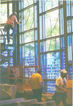 Carpenters working on the installation of "The Garden of Peace"